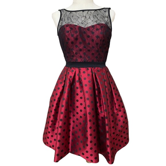 Aidan Mattox Dresses & Skirts - Aidan by Aidan Mattox Burgundy Cocktail Dress Mini Flare Lace‎ Polka Dot Size 2
